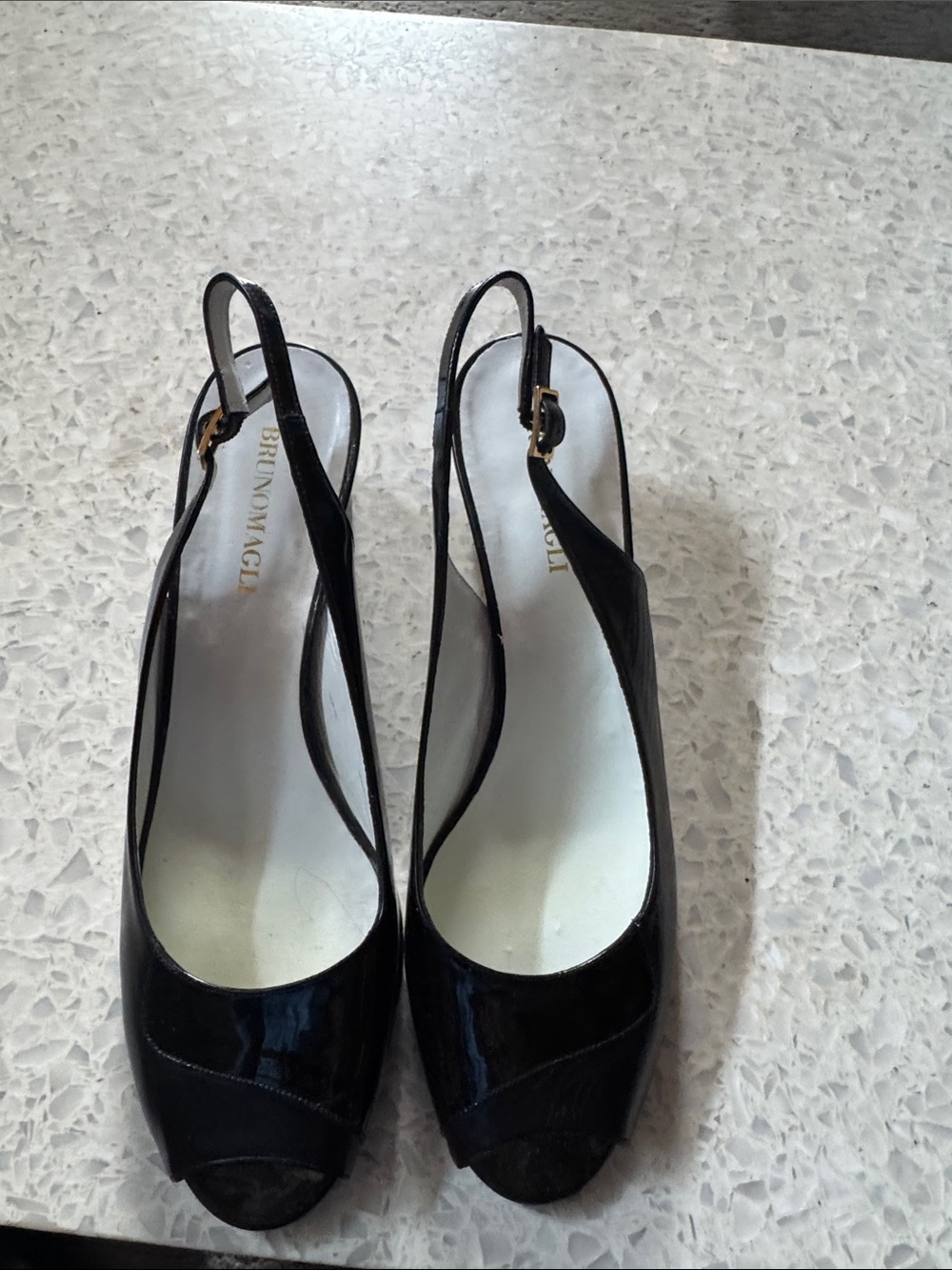 Bruno Magli Black Patent Slingback Peep Toe Heels with Gold Buckle